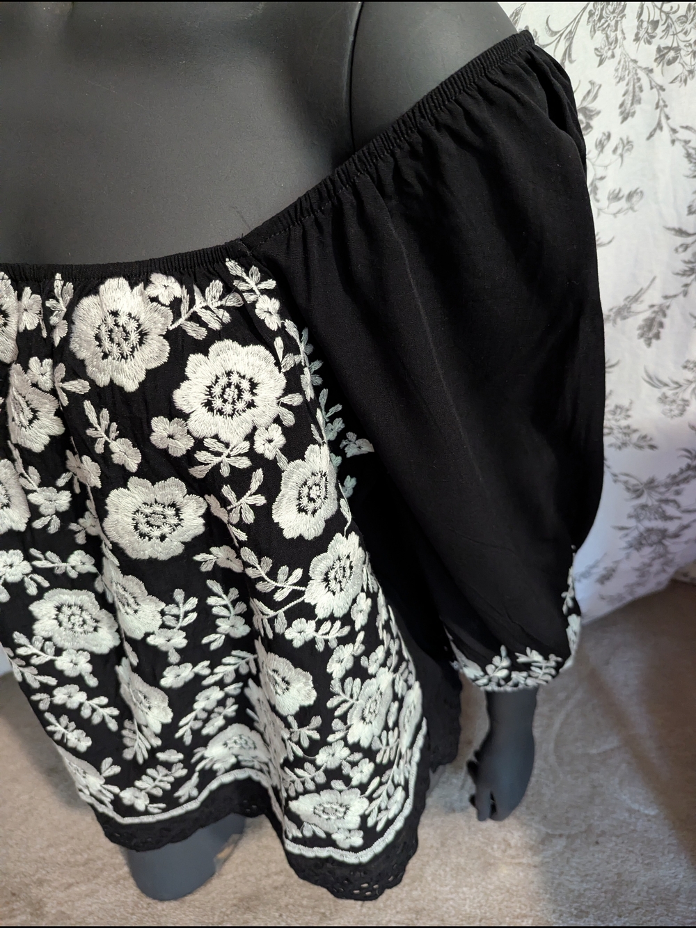 Black Off-Shoulder Floral Embroidered Top